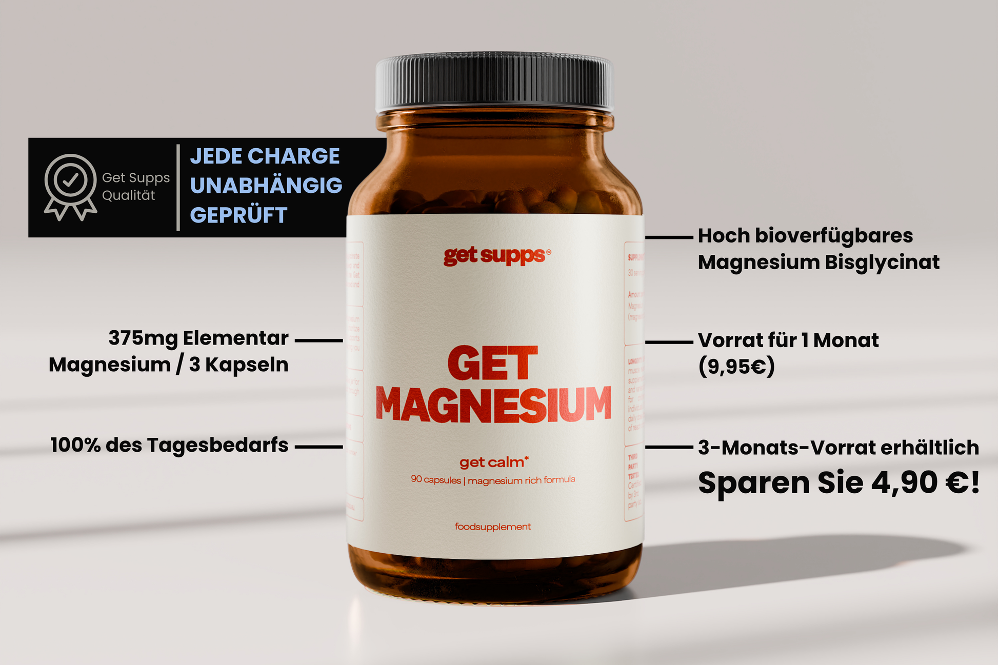 Supplement bottle labeled 'GET MAGNESIUM' with German text on a gray background