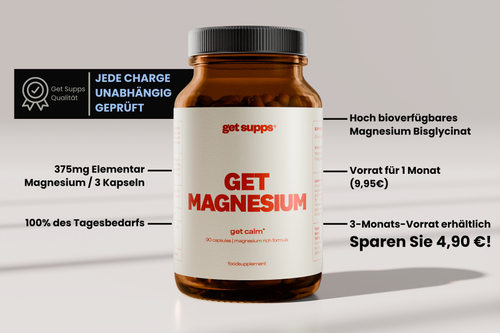 Supplement bottle labeled 'GET MAGNESIUM' with German text on a gray background